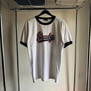 Vintage 2000s Y2K White and Black Shady Ringer Style Felt Logo Graphic Tee Shirt
